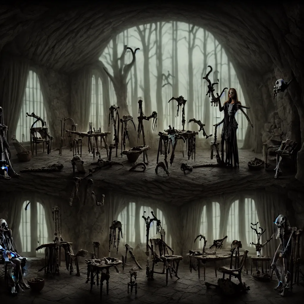 Prompt: evil witches wearing animal bones, bones, inside stone home, a detailed matte painting, fantasy, foggy, dark, 8 k