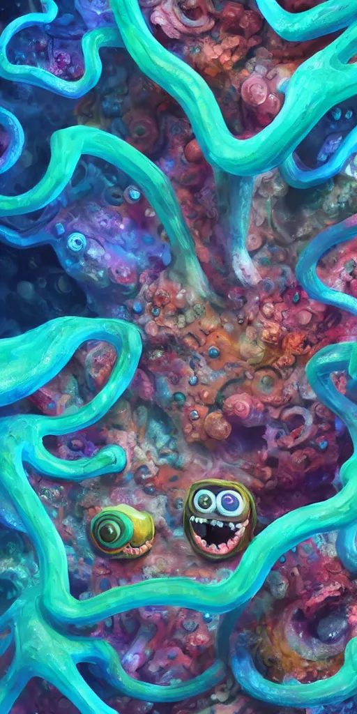 Image similar to of a colorful deep sea cave with strange cute friendly happy creatures with huge eyes, mouth, long tongue and round teeth appearing from sandy coral, in the style of gehry and gaudi, macro lens, shallow depth of field, ultra detailed, digital painting, trending artstation, concept art, illustration, cinematic lighting, photorealism, epic, octane render