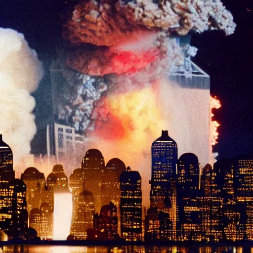 Prompt: george w bush celebrates his 80th birthday with a cake shaped like the World Trade centers being blow up with controlled demolition on 9/11/01, trending on art station, rendered in octane