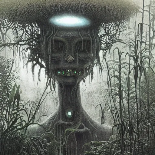 Image similar to a hyperrealistic painting of a beautiful alien princess in the middle of an alien jungle, bioluminescent plants, by john kenn mortensen and zdzislaw beksinski, highly detailed, vivid color,