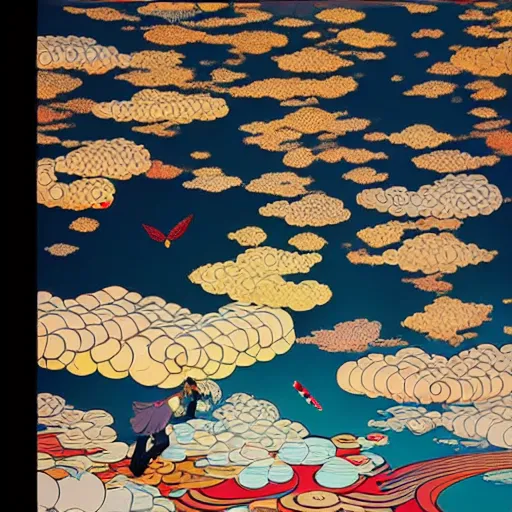 Prompt: a man walking on clouds above kyoto by takashi murakami, beeple and james jean, aya takano color style, 4 k, super detailed