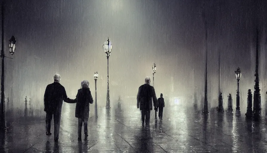 Prompt: Old couple walking in Paris at night, wet ground, hyperdetailed, artstation, cgsociety, 8k