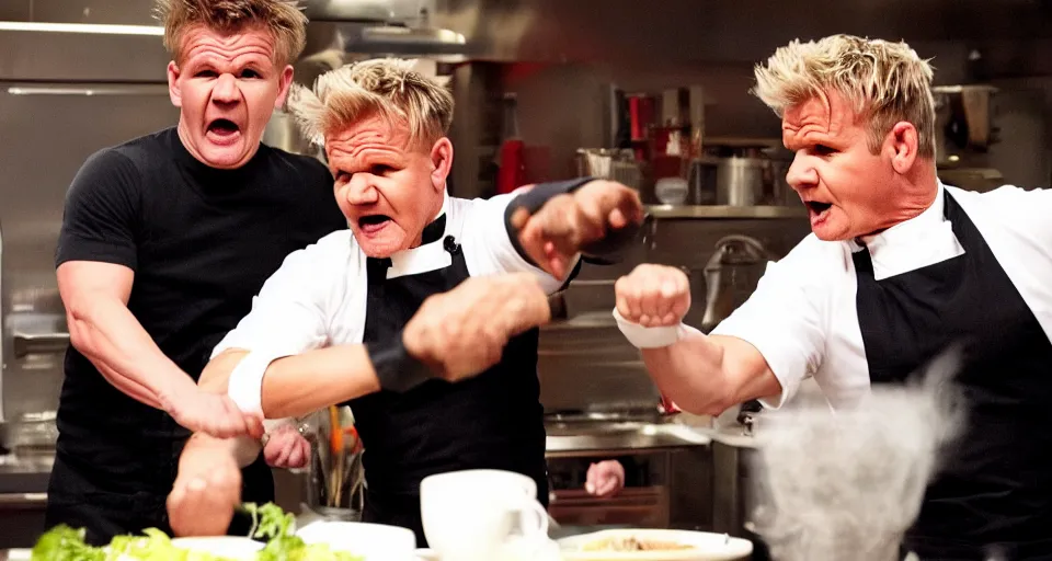 Image similar to photo of angry furious Gordon Ramsay punching Gordon Ramsay at the kitchen