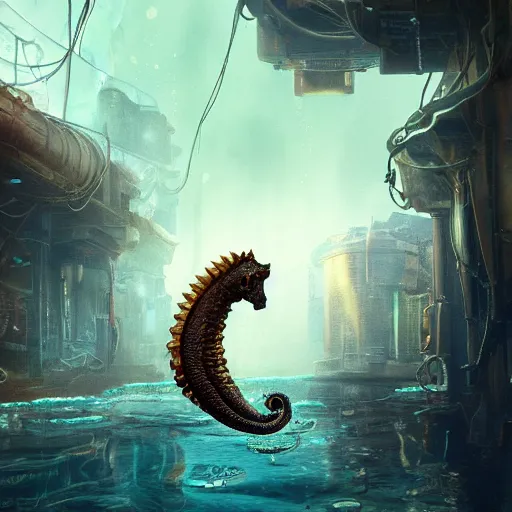 Image similar to a seafloor view of a seahorse swimming on the street corner of the steampunk city of Atlantis by Cedric Peyravernay, highly detailed, full view of seahorse, excellent composition, cinematic concept art, dramatic lighting, trending on ArtStation