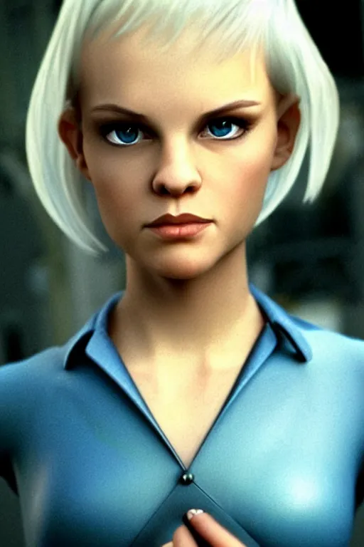 Prompt: realistic photograph. cute but dangerous female halfling thief. crooked, cocky smirk. short slicked gelledback butch hairstyle, slight widow'speak. paleblonde hair, fair complexion, icy blue eyes. face like denise gough young mia farrow, angular, feminine, pretty, mischievous. young ectomorphic fit. black leather tunic.