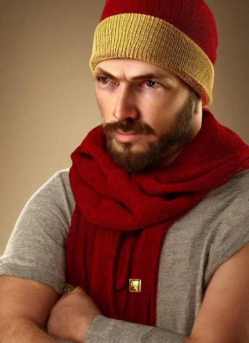 Image similar to portrait of a lithuanian man wearing a red beanie and sleeveless hoodie, gold necklace, highly detailed, realistic, studio quality, studio photo, studio lighting, trending on artstation, sharp focus, 4 k