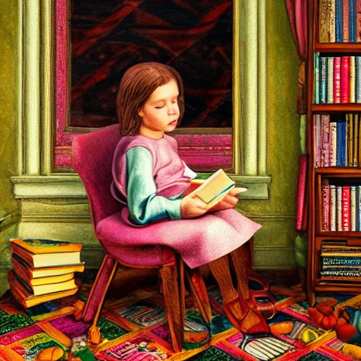 Prompt: photorealistic modern illustration of a beautiful child reading books, beautifully portrayed inside a retrofuturistic maximalist hyperdetailed room. in the style of Caravaggio, Michelangelo, Paul Gauguin, Modigliani, with flemish baroque vibrant shiny maximalist mixed media 3d textures in soft pastel tones. matte background. HD HD HDR high res 8x sharp