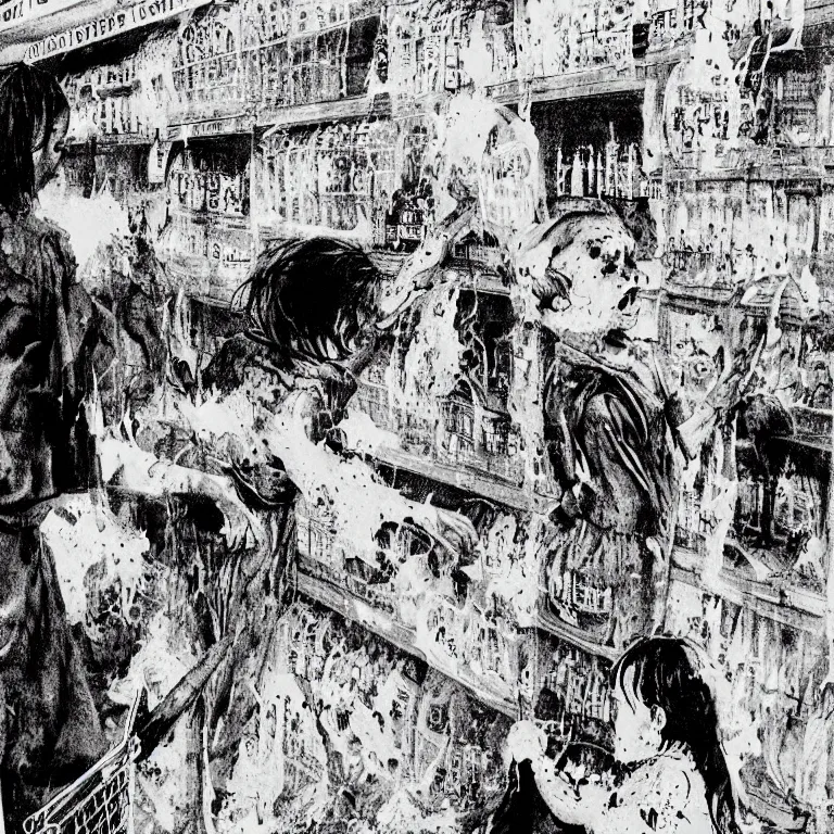 Prompt: A mother points her finger angrily at a frightened young boy in the grocery store produce aisle, Illustration by Stephen Gammell, black and white, ink splatter, gothic horror, 4k, detailed artwork