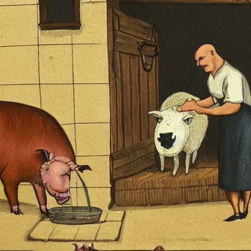 Image similar to butcher giving food to a cat, while being watched by a pig, a sheep, a chicken and a cow