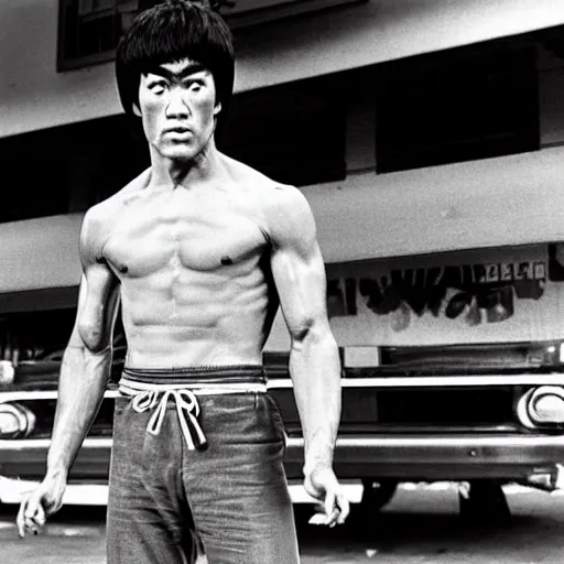 Image similar to 8 k portrait photograph of bruce lee standing in front of a wafflehouse