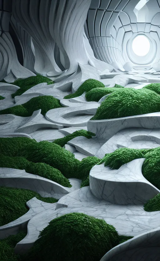 Image similar to highly detailed ultra sharp 3 d render cinematic composition of a smooth ceramic porcelain magnolia stone fluid fractal sci - fi surreal architecture landscape, white marble, magnesium, foliage, archviz, vincent callebaut composition, mamou - mani, beautiful lighting, 8 k, unreal engine, hdr, dof