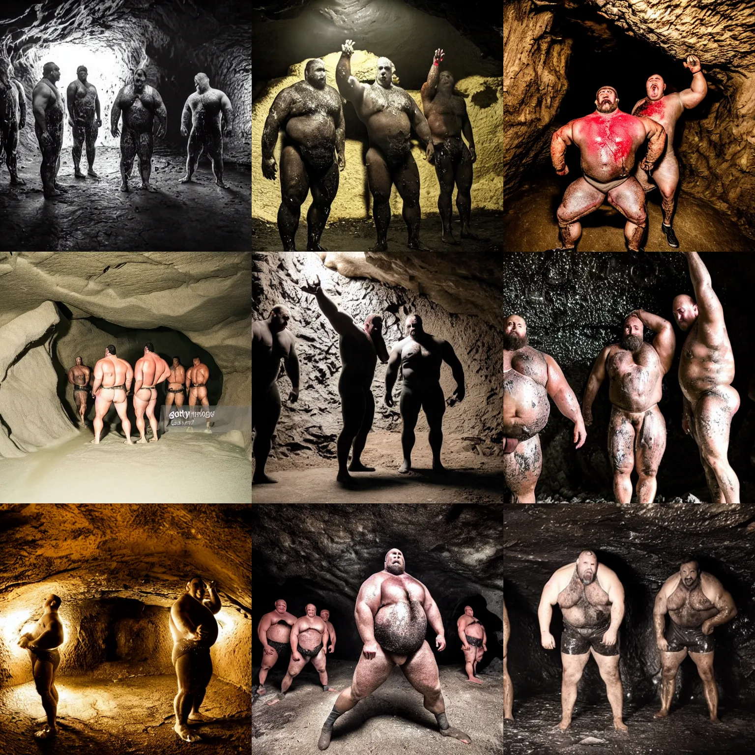 Prompt: burly strongmen standing in a dark cave covered in goo - like substance and in trance, photography