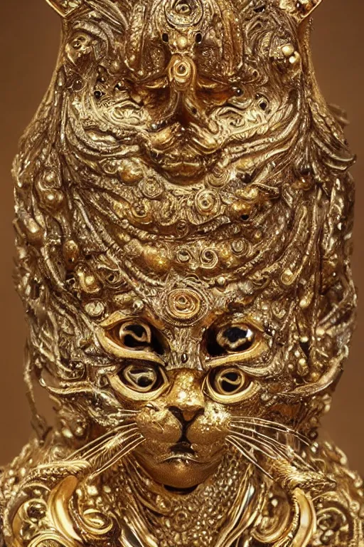Prompt: a cinematic view of a ornated intricate cat goddess statue made by hedi xandt, realistic, macabre art, stained dried cracked skin, using gold ornaments detailed image