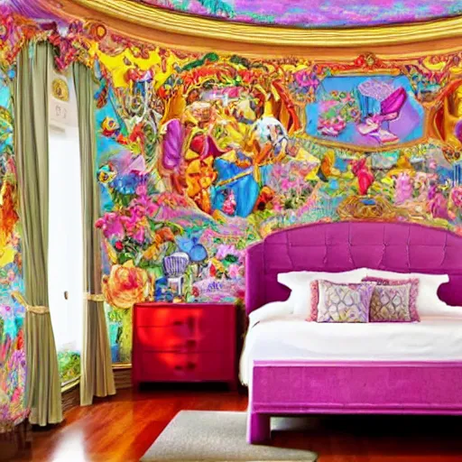 Prompt: a cozy bedroom decorated in wall to wall Lisa Frank murals, ornate, detailed, high resolution, wow!, intricate