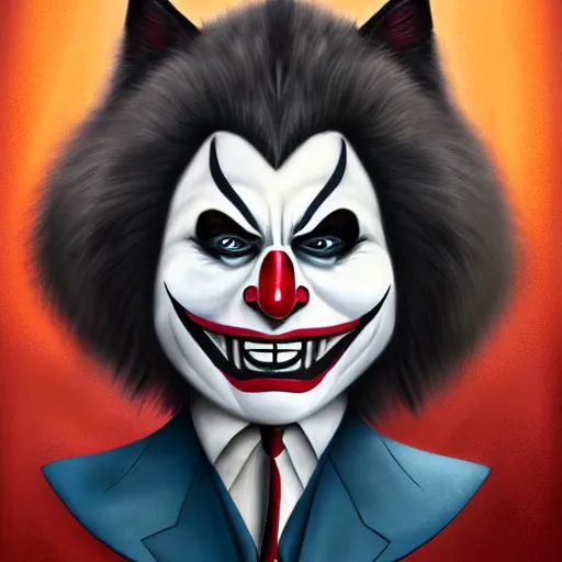 Image similar to graphic, hyperreal, portraiture illustration of a anthropomorphic handsome ragdoll cat wearing a joker mask and holding a blake, digital painting, trending on artstation