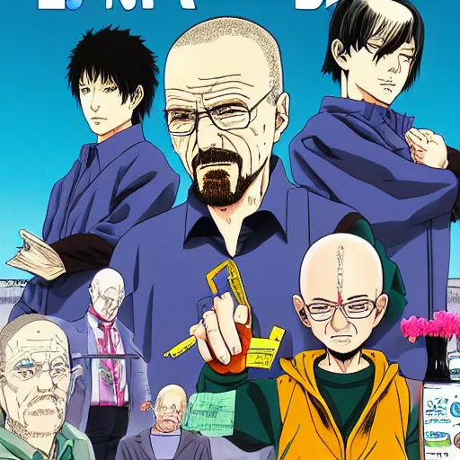 Image similar to Breaking Bad, manga cover illustration by Hirohiko Araki, Takeuchi Takashi, Pochi Iida, Masashi Kishimoto, Junichi Oda, Jojo, Shonen Jump, detailed HD, trending on mangakalot