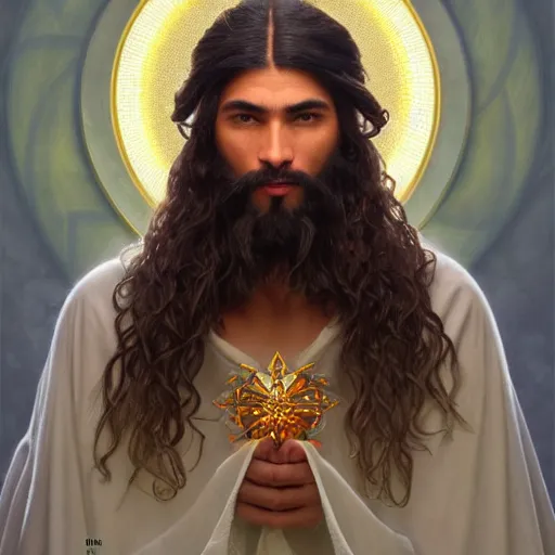 Image similar to perfectly-centered-Portrait of a latino cleric druid god, The Perfect Human male Specimen, intricate, elegant, athletic, super highly detailed, professional digital painting, artstation, concept art, smooth, sharp focus, no blur, no dof, extreme illustration, Unreal Engine 5, 8K, art by artgerm and greg rutkowski and alphonse mucha loish and WLOP