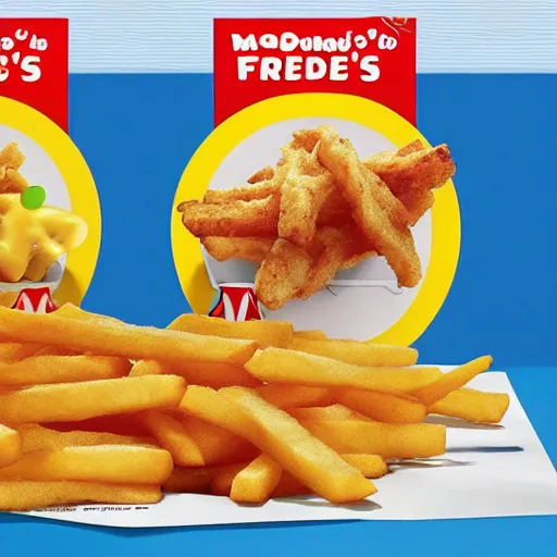 Prompt: a promocional image of the new Mcdonald´s fries made of fish