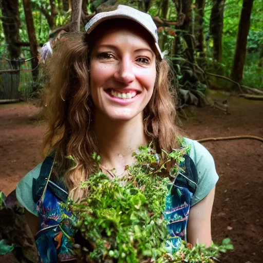 Image similar to beautiful naturalist woman, oregon country fair, living her full truth, enchanting, playing in a forest full of herbs and plants