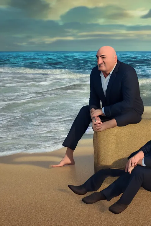 Image similar to Kevin O'Leary sitting on the beach looking to the sea at sunrise, concept art, octane render, unreal engine 5, trending on Artstation, high quality, highly detailed, 8K, soft lighting, godrays, path tracing, serene landscape, turbulent sea, high coherence, anatomically correct, hyperrealistic, sand, beautiful landscape, cinematic, clouds in the sky