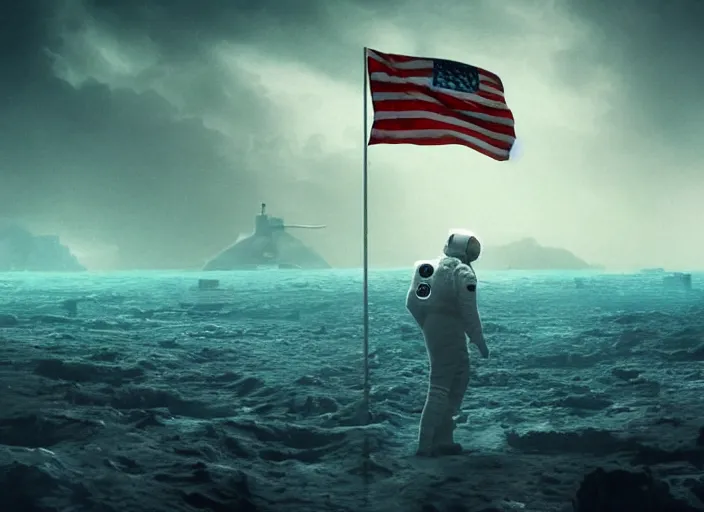 Image similar to astronaut holding a flag in an underwater desert. a submarine is visible in the distance. dark, concept art, cinematic, dramatic, atmospheric, 8 k, trending on artstation, blue, fish, low visibility, fog, ocean floor, christopher nolan, interstellar