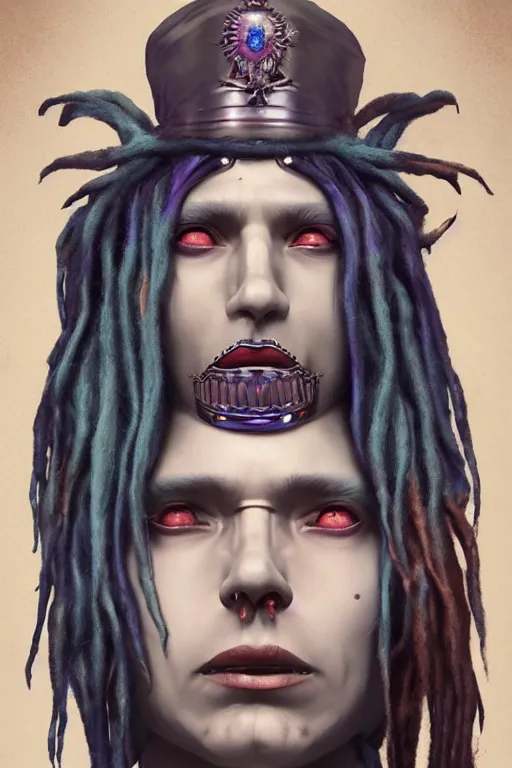 Image similar to vaporwave!!, vaporwave colors!!, an eccentric gothic king with long wild dreads, straight on, by artgerm, jamie hewlett, tom bagshaw, gerald brom, 4 k, smooth, hd, substance designer render, full body character concept art,