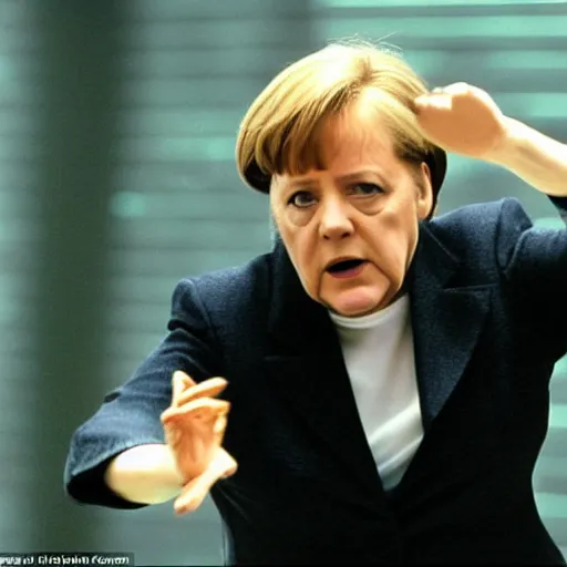 Prompt: Dramatic action shot of Angela Merkel dodging punch from Neo in the matrix movie