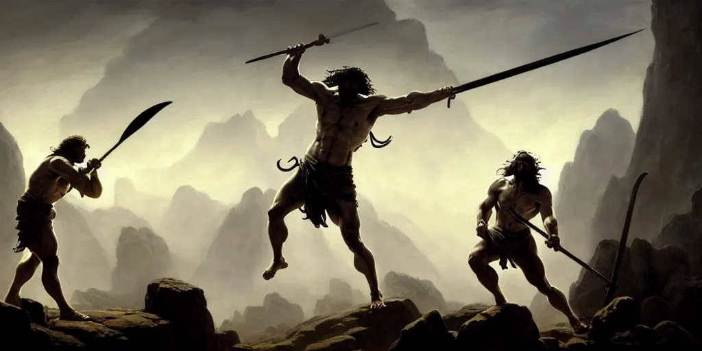 Prompt: realistic painting of biblical Cain with a spear fighting Abel with a reaper scythe, a stone altar with white smoke ascending in the background, masculine and rugged, inspired art by Frazetta + facial symmetry + bright dramatic volumetric lighting, well lit, 8k octane render, intricate, epic composition, grim yet sparkling atmosphere, cinematic lighting + masterpiece, trending on artstation, very detailed, masterpiece, stunning