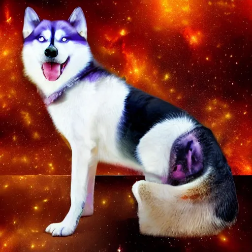 Prompt: Heterochromia Husky with scars holding an electro guitar with the background of a burning skull in space