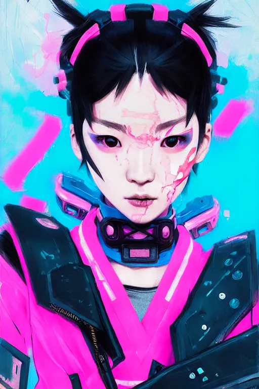 Prompt: stylized japanese girl : ninja - cyberpunk, wearing urban techwear, and armor, painted in acrylic, in the colors hot pink and cyan, beautiful realistic face, spotlight, by greg rutkowski, by jeremy mann, by francoise nielly, by van gogh, by ross tran, in focus