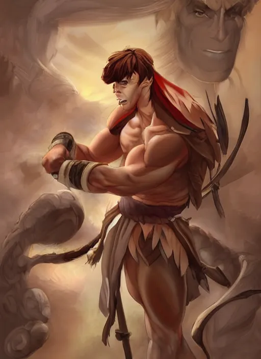 Image similar to official digital painting artwork of a male warrior character by don bluth, artgerm ross tran and studio ghibli.