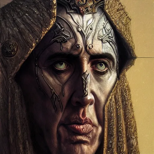 Prompt: Nicolas Cage as god of chaos in a hood dark fantasy, intricate, smooth, artstation, painted by Wayne Barlowe