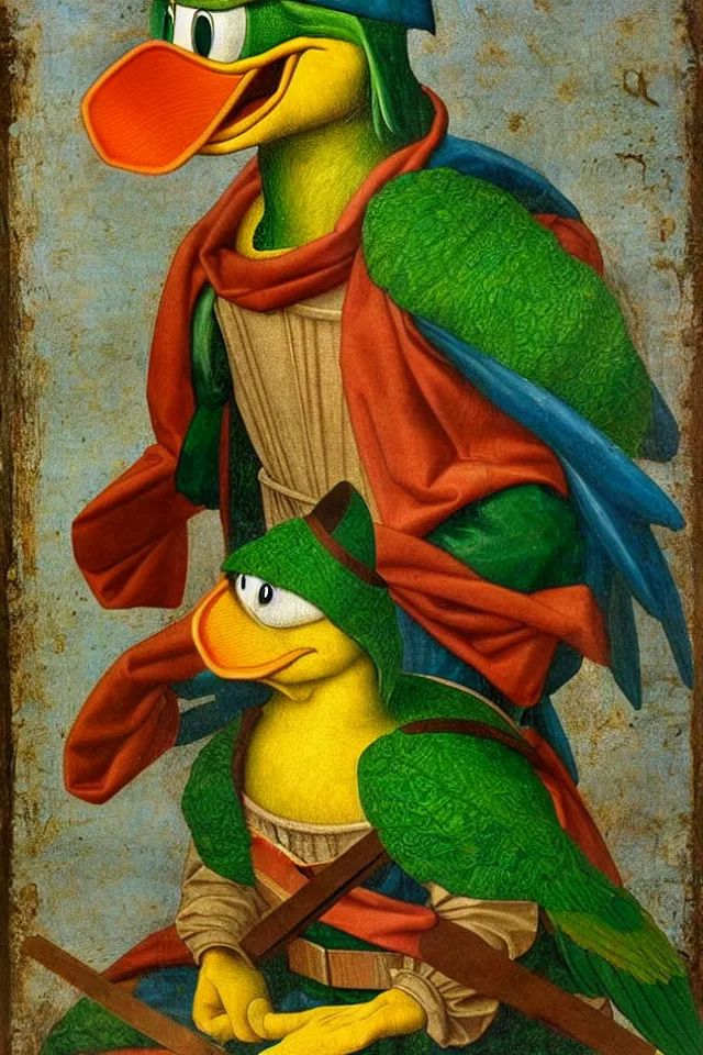 Prompt: a renaissance portrait of donald duck as a green parrot ninja turtle, beautiful intricate painting