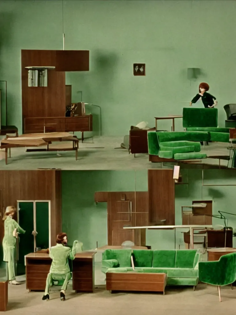 Image similar to a still of severance series indoor 7 0 s green velvet and wood with metal furniture office scenario appearing in a film of jacques tati, in movie playtime ( 1 9 6 7 ) color