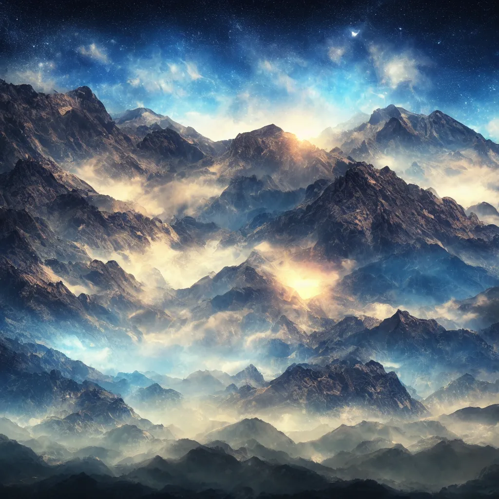 Prompt: vertical, mountains, limit, universe, galaxy, upwards, photo, blue sky, realistic, highly detailed, cinematic