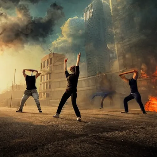 Image similar to realistic picture, post apocalyptic city on fire in the background, group of people practicing tai chi in the foreground