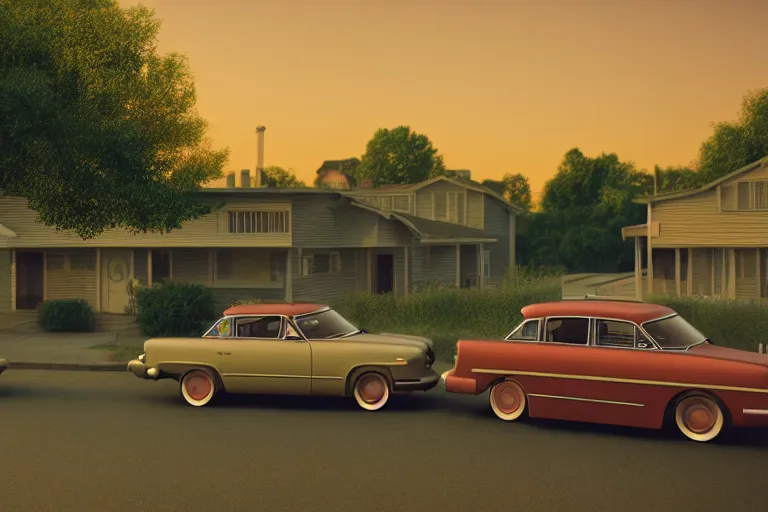 Prompt: a detailed cinematic render of a utopian 1 9 5 0 s american suburbs at sunset by steven outram, classic cars, photoreal, 4 k, todd hido, holly andres, greg stimac