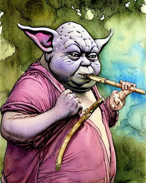 Image similar to a realistic and atmospheric watercolour fantasy character concept art portrait of a fat dirty yoda smoking a bong with pink eyes wearing a wife beater. by rebecca guay, michael kaluta, charles vess and jean moebius giraud