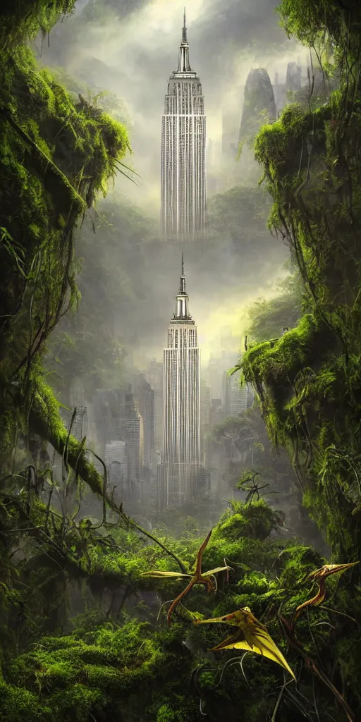 Prompt: an epic view of vines and moss growing on the empire state building, moss, jungle, with pterosaurs flying, close - up, low angle, wide angle, atmospheric, volumetric lighting, cinematic, 8 k, very realistic, highly detailed digital art, painted by tyler edlin