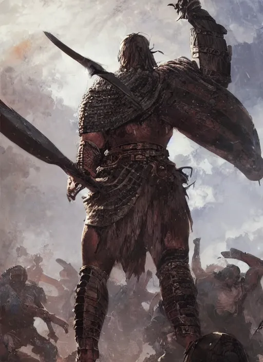 Image similar to ancient historically accurate depiction of the Bible Character Goliath of Gath, the Philistine warrior giant in ancient persian chainmail armor, dramatic lighting art by Yoji Shinkawa by Richard Schmid by greg rutkowski by Sandra Chevrier by Jeremy Lipking cinematic dramatic