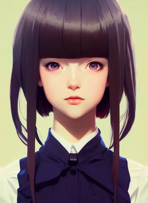 Image similar to full body beautiful and cute and aesthetic school girl greeting, very slightly smiling, wave a hand at the camera, perfect face, symmetric eyes, sharp focus, specular reflection, occlusion shadow, artstation, by ilya kuvshinov and jeremy lipking, light novel cover art, 3 d epic illustrations, symmetric body