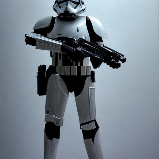 Image similar to an extremely long shot of an imperial stormtrooper in battle position ready to shoot his blaster concept art by Doug Chiang cinematic, realistic painting, high definition, very detailed, extremely high detail, photo realistic, concept art, the Mandalorian concept art style