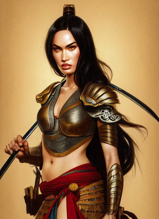 Image similar to portrait of megan fox as samurai, asian, katana, blossom, silk, japan, intricate, headshot, highly detailed, digital painting, artstation, concept art, sharp focus, cinematic lighting, illustration, art by artgerm and greg rutkowski, alphonse mucha, cgsociety