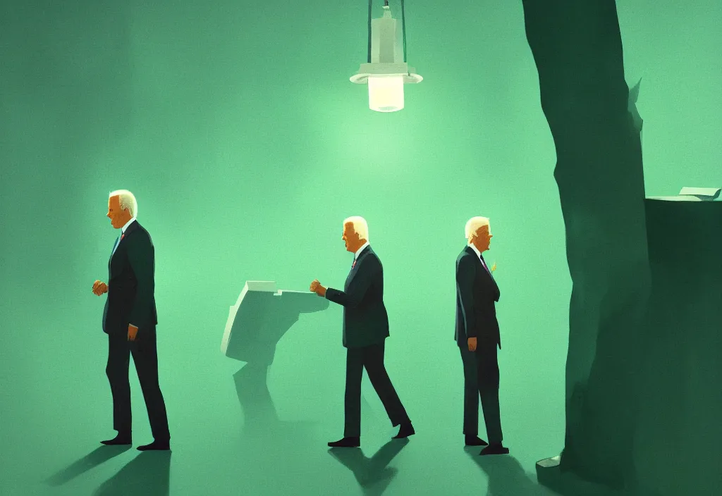 Prompt: joe biden in the democratic party headquarters, epic debates, presidental elections candidates, cnn, fox news, fantasy, by atey ghailan, by greg rutkowski, by greg tocchini, by james gilleard, by joe gb fenton, dynamic lighting, gradient light green, brown, blonde cream, salad and white colors in scheme, grunge aesthetic