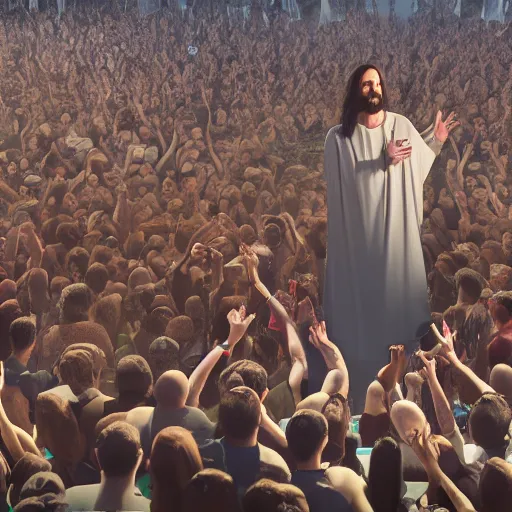 Image similar to jesus christ rapping on a podium to a crowd of people, 4 k image, hd, high res, unreal engine, medieval