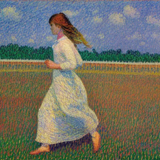 Prompt: an impressionist oil painting of girl with long hair in a white long dress running on the field in a foggy weather by paul signac