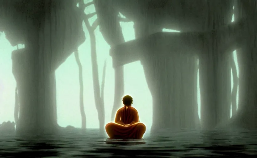 Prompt: a cell - shaded cartoon movie still from princess mononoke ( 1 9 9 7 ) of a giant monk in a grey robe meditating in lotus position in a flooded stonehenge with shafts of sunlight from above. very dull muted colors, hd, 4 k, hq