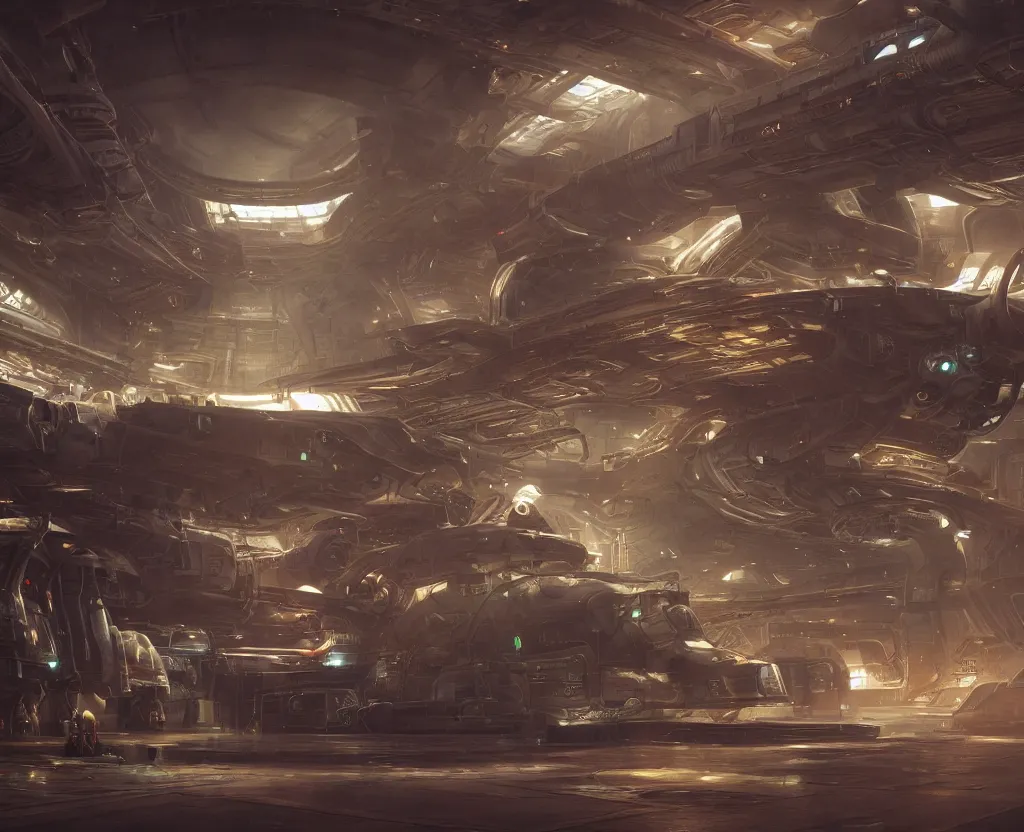 Image similar to the inside of a futuristic space dock, highly detailed interior, holographic screen in center frame by peter mohrbacher and craig mullins, dieselpunk, firefly, unreal engine 5, extreme detail, hyper realism, realistic shading, cinematic composition, realistic render, octane render, detailed textures, photorealistic