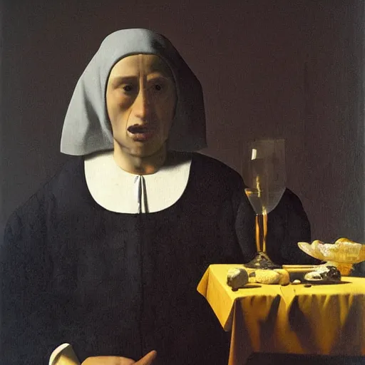 Image similar to A beautiful performance art. Let’s see how long the rich can eat their money for aureolin by Johannes Vermeer, by Eric Zener desaturated