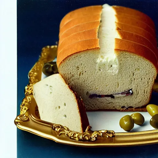 Image similar to sliced frosted sandwich loaf with olives and cream cheese on an ornate golden platter, dinner party display, high resolution magazine scan, seventies era